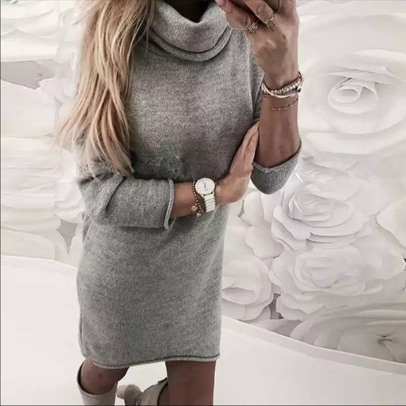 1 Left! Grey Turtleneck Sweater Mini Dress - Picture 3 of 8